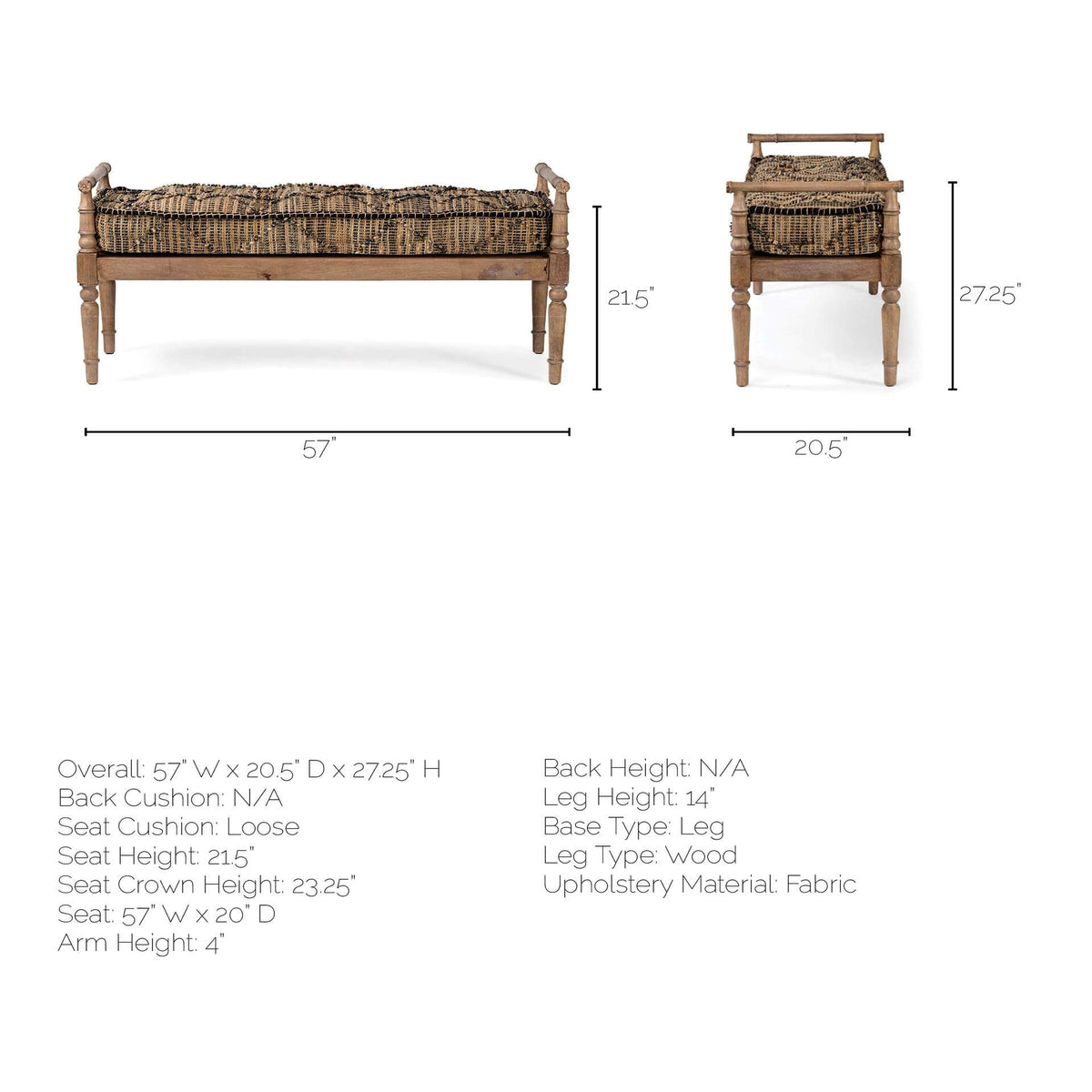 MERCANA FULLERTON JUTE PATTERN FABRIC BENCH 68457