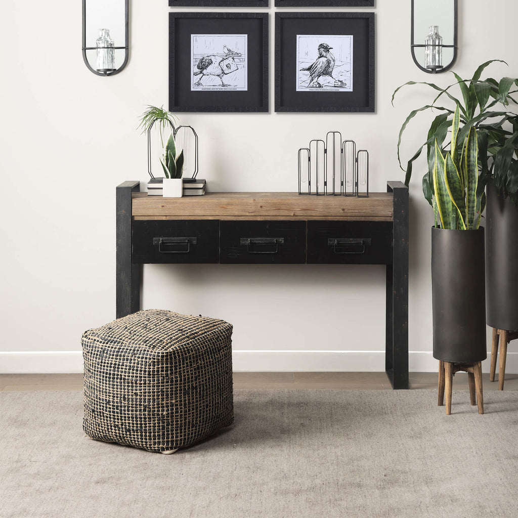 MERCANA AALIA CHARCOAL LEATHER AND JUTE POUF 69561