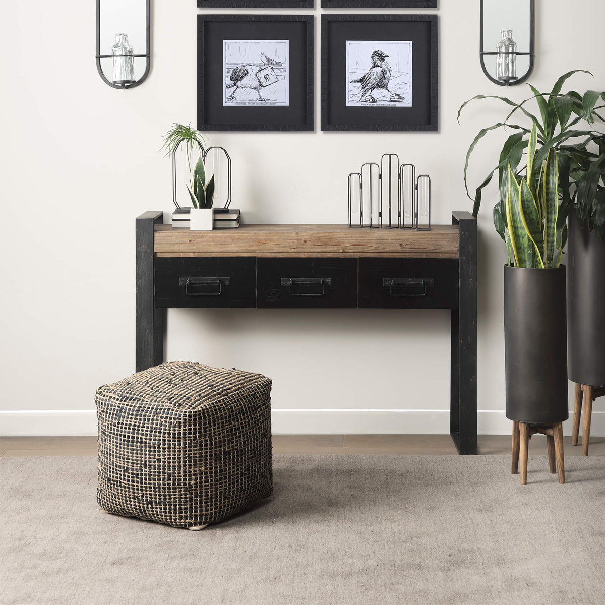 MERCANA AALIA CHARCOAL LEATHER AND JUTE POUF 69561