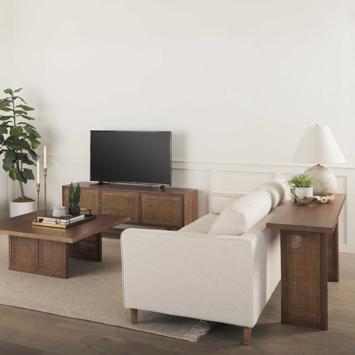 MERCANA GRIER MEDIUM BROWN WOOD WITH CANE MEDIA CONSOLE 69897