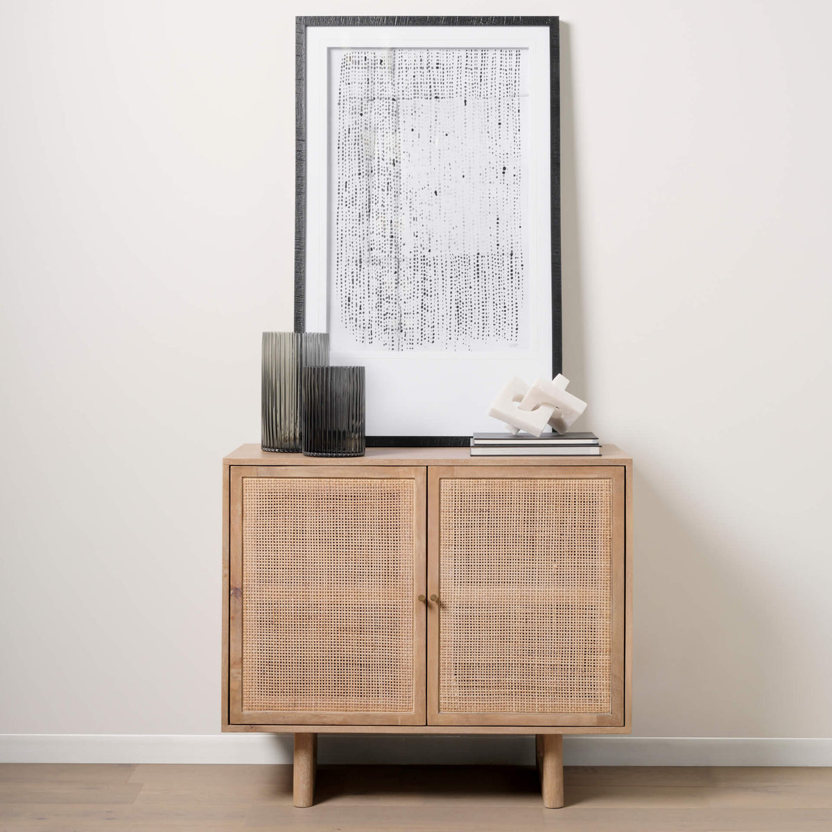 MERCANA GRIER LIGHT BROWN WOOD WITH CANE 2 DOOR CABINET 69909