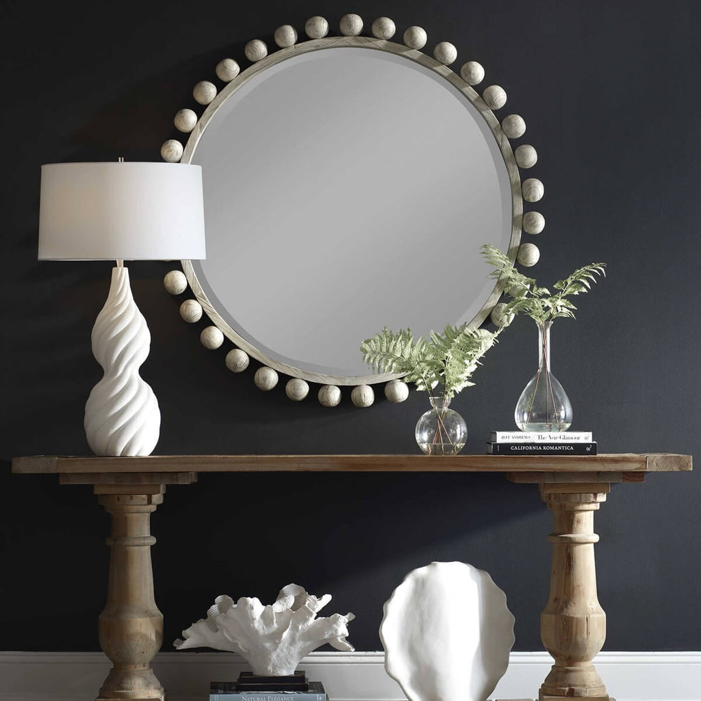 UTTERMOST CYRA WOOD ROUND MIRROR AGED IVORY 08175