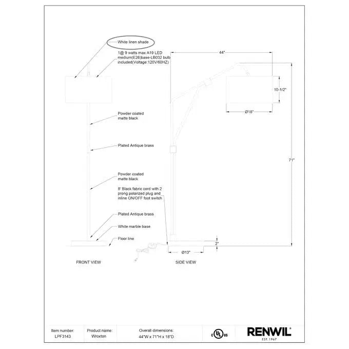 RENWIL WROXTON LAMP LPF3143