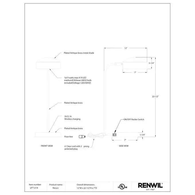 RENWIL RIESCO LAMP LPT1214