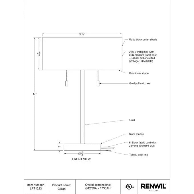 RENWIL GILLIAN LAMP LPT1223