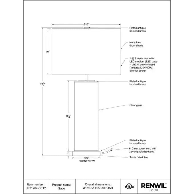 RENWIL SACO LAMPS LPT1264-SET2