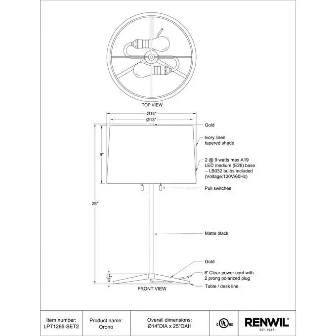 RENWIL ORONO LAMPS LPT1265-SET2