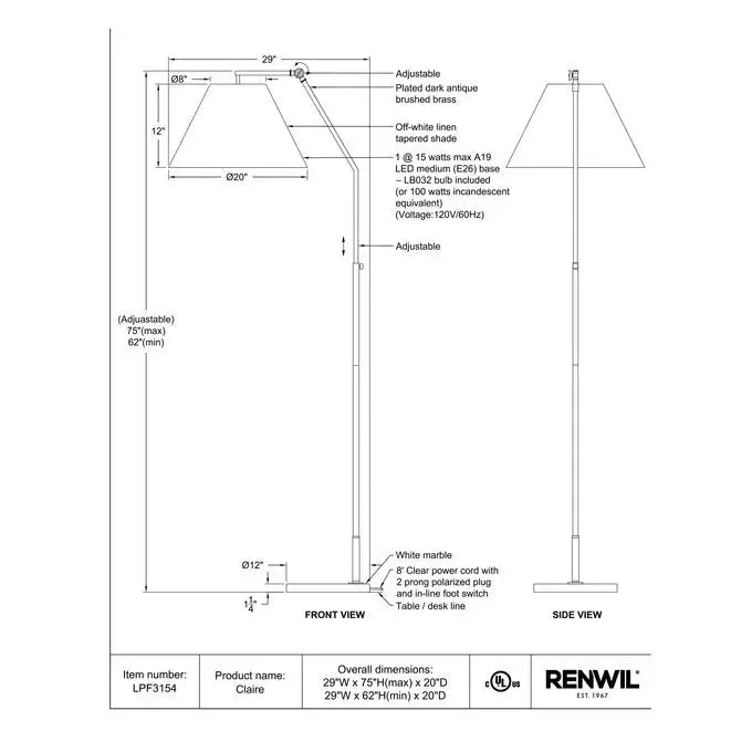 RENWIL CLAIRE LAMP LPF3154