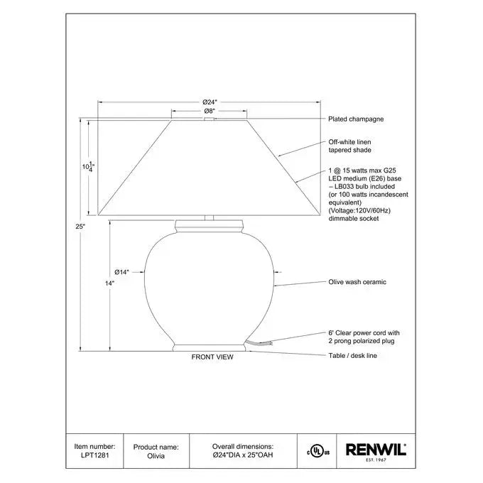 RENWIL OLIVIA TABLE LAMP LPT1281