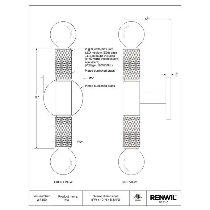 RENWIL TOVI WALL SCONCE WS150