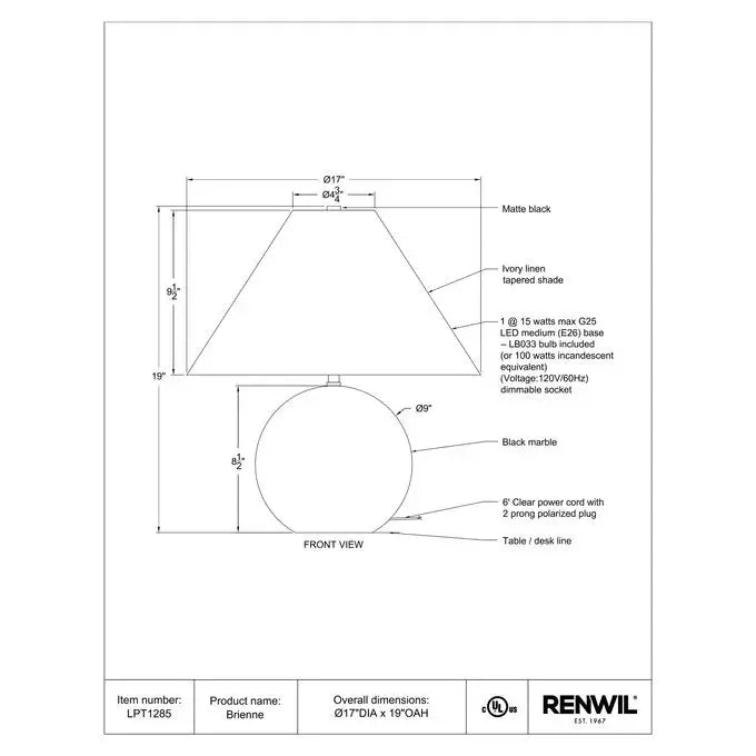 RENWIL BRIENNE LAMP LPT1285