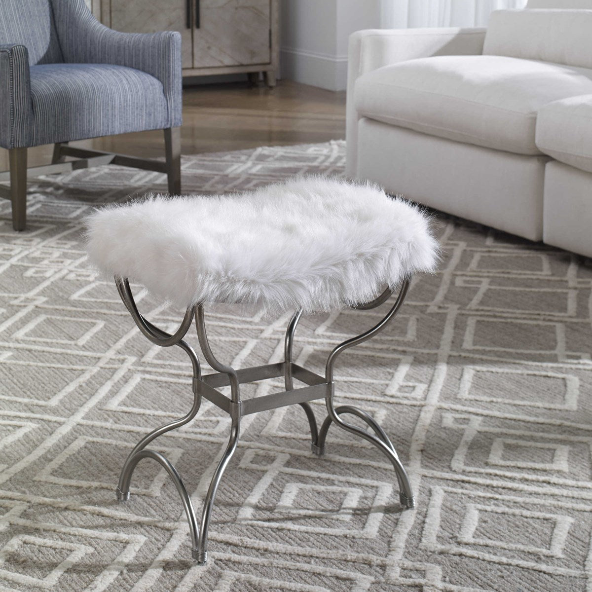 Uttermost Channon White Fur Small Bench 23496
