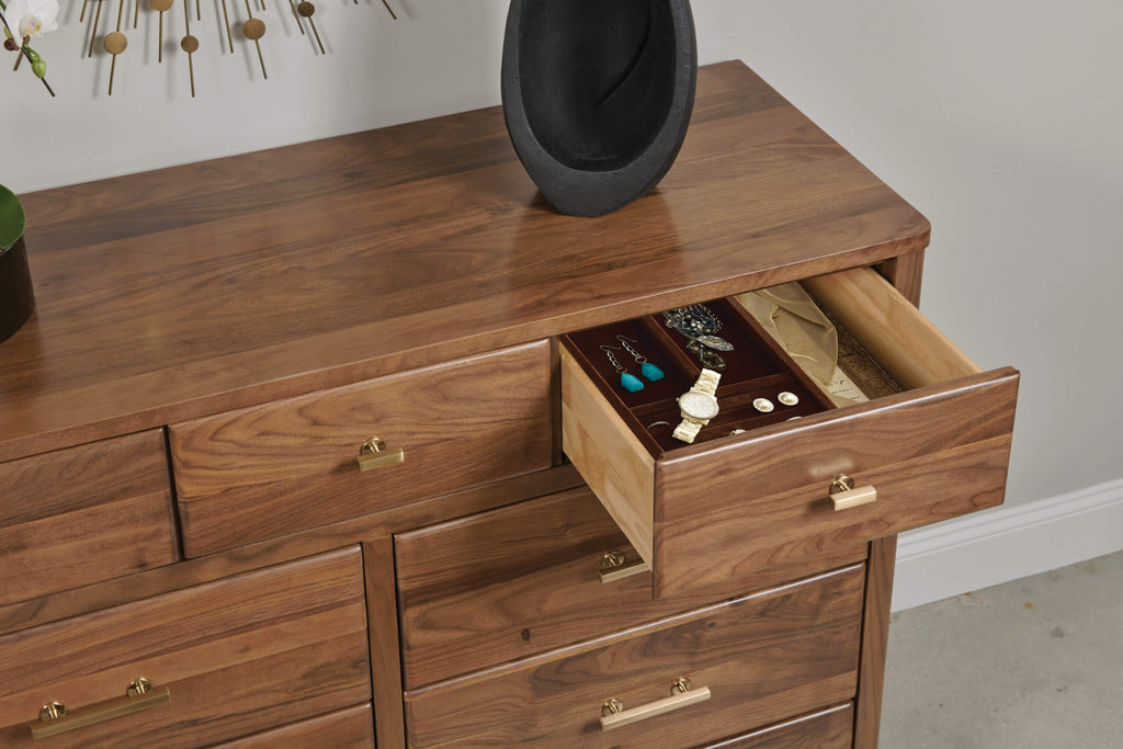 KINCAID MONOGRAM WALNUT FLAT TOP NINE DRAWER DRESSER 315-131