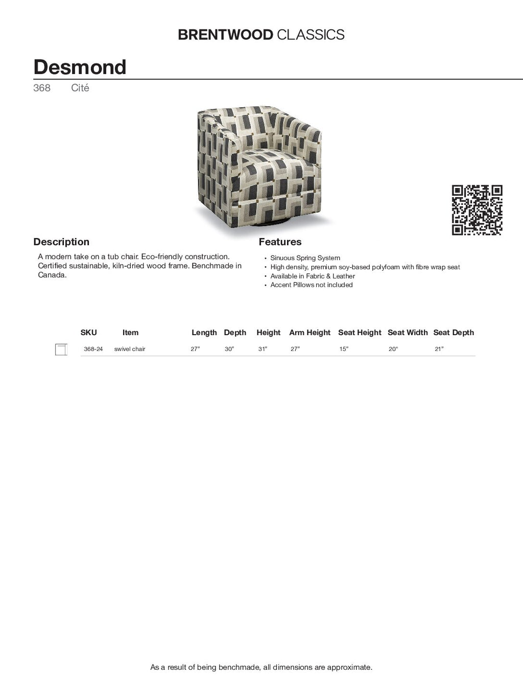 BRENTWOOD Desmond Swivel Chair 368-24