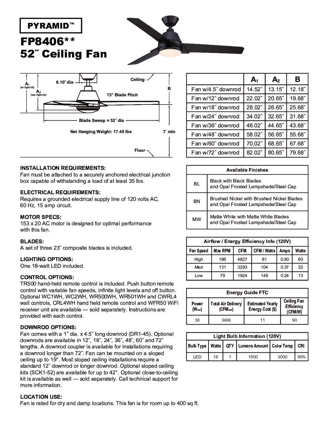FANIMATION PYRAMID 52 BRUSHED NICKEL FP8406BN