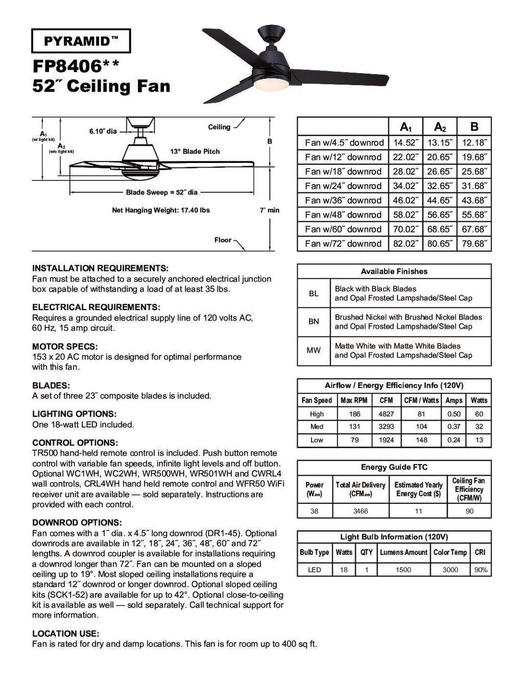 FANIMATION PYRAMID 52 MATTE WHITE FP8406MW