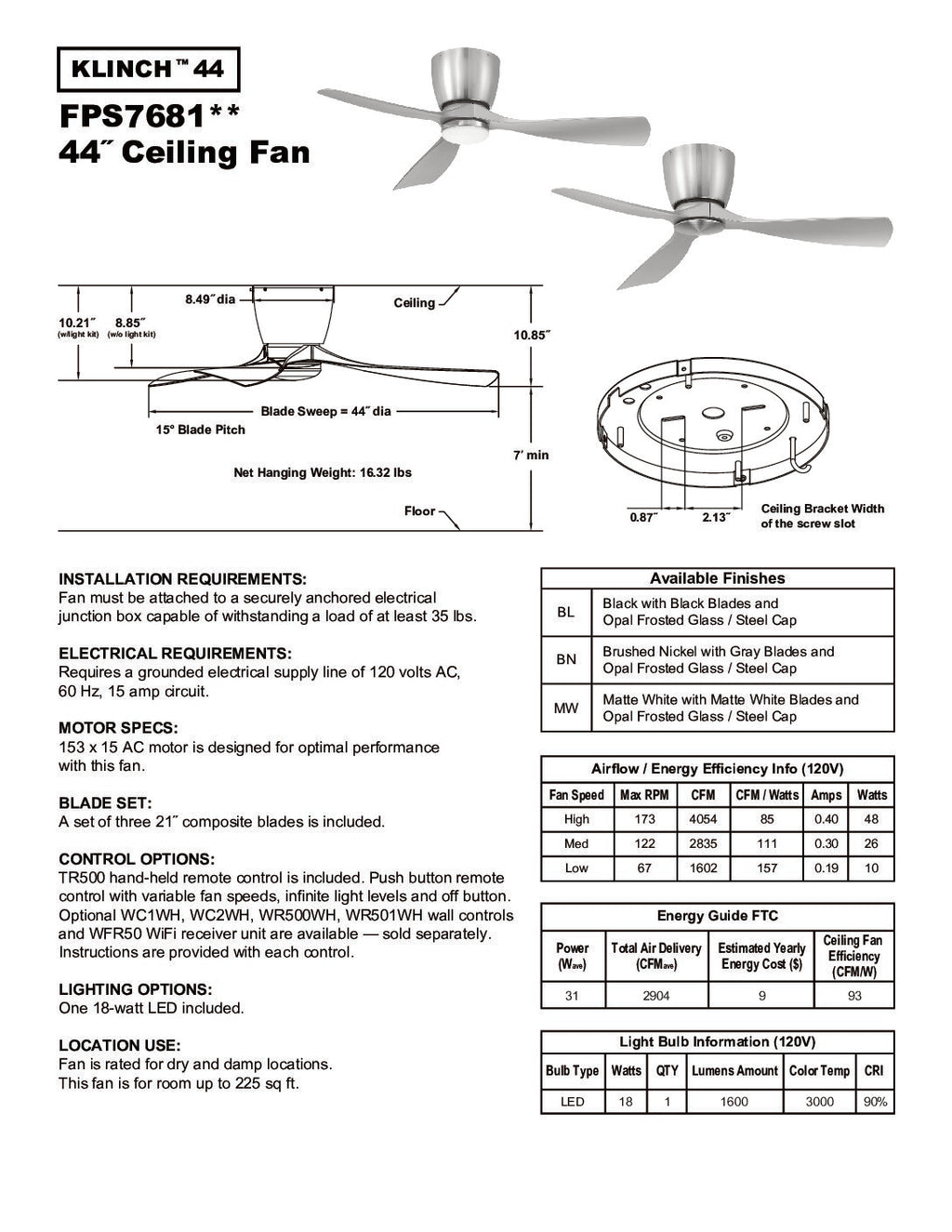 FANIMATION KLINCH 44 MATTE WHITE FPS7681MW