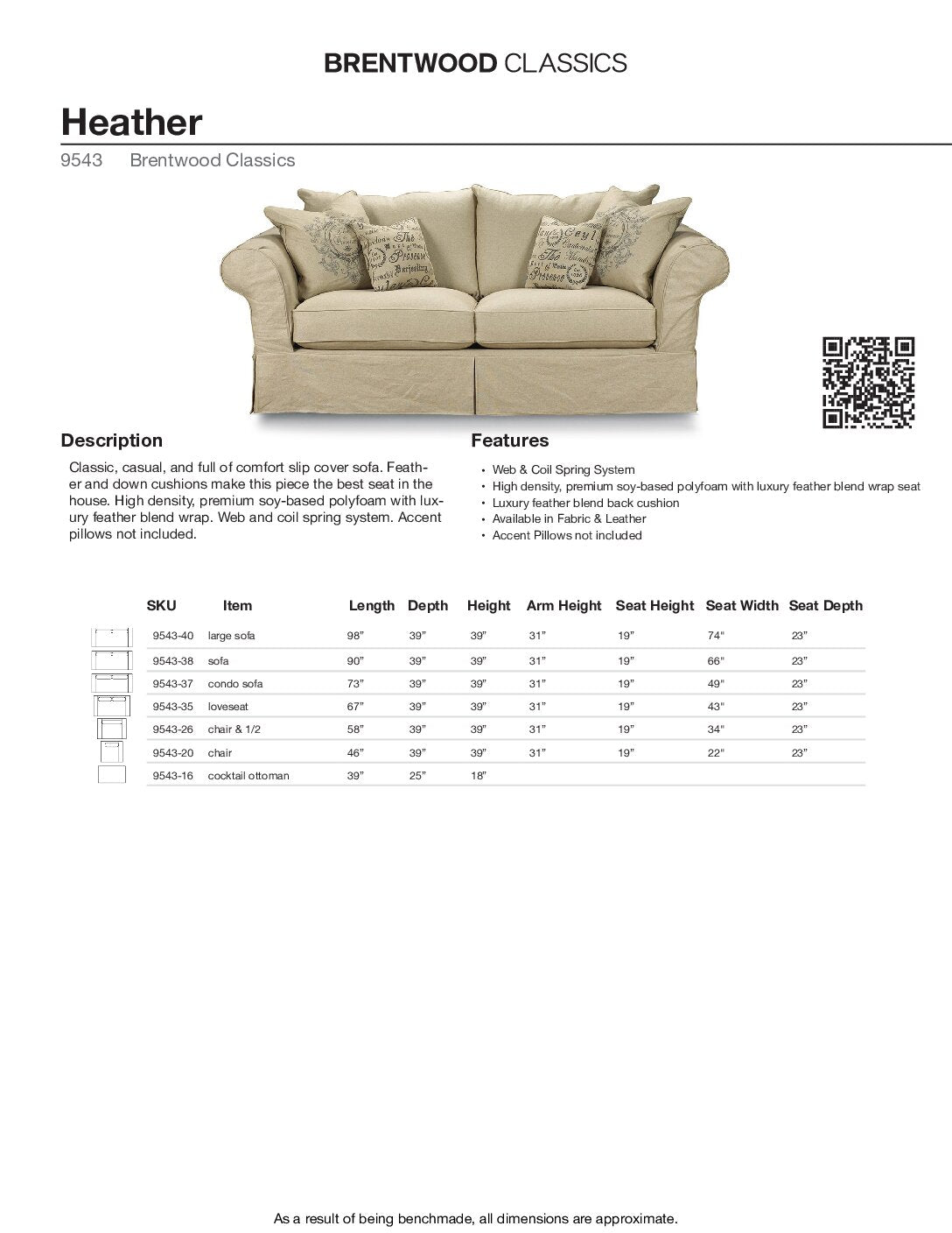 BRENTWOOD Heather Slipcover Sofa 9543-38