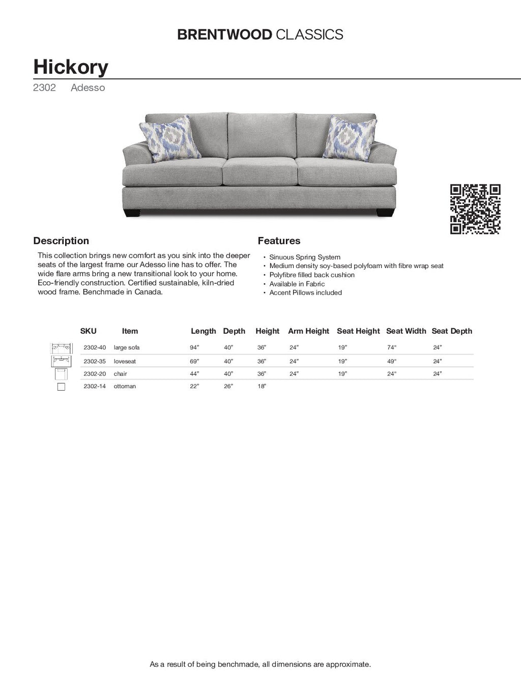 BRENTWOOD HICKORY SOFA  2302-40
