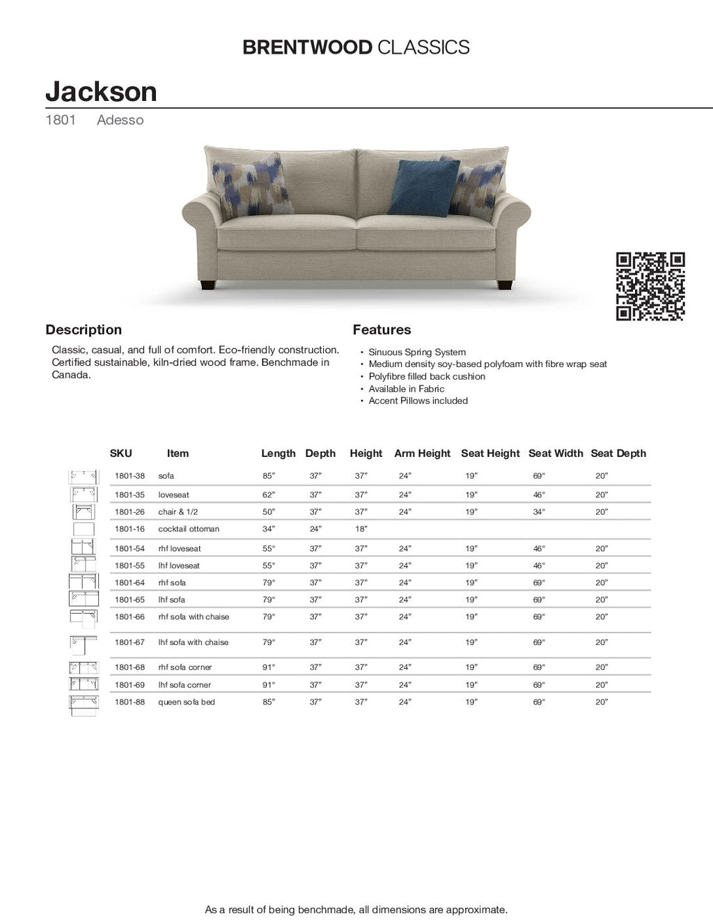 BRENTWOOD Jackson Fabric Sofa 1801-38