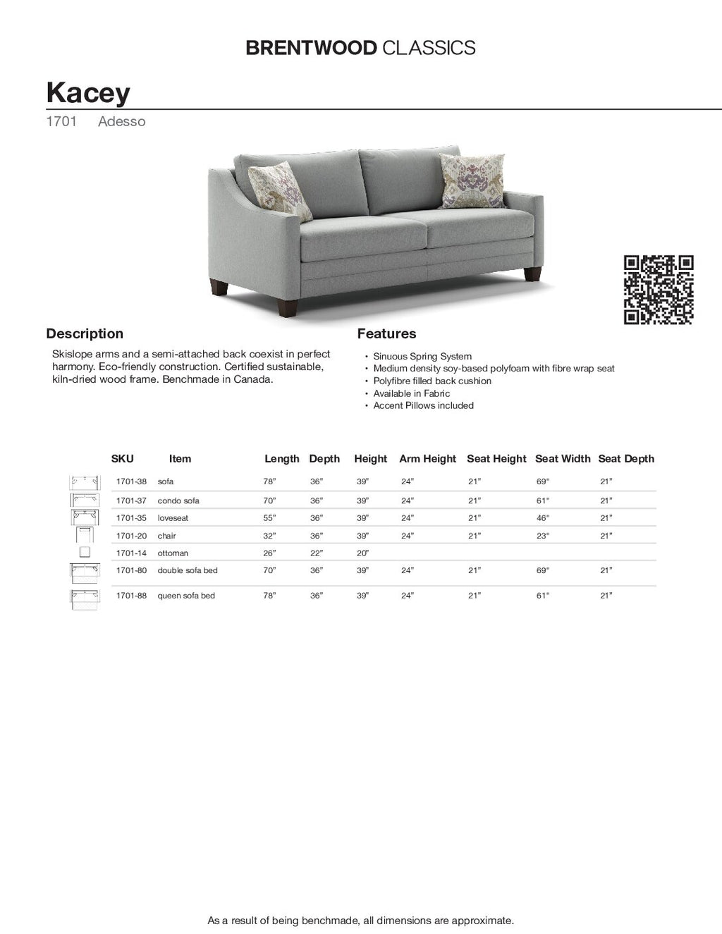 BRENTWOOD Kacey Fabric Sofa 1701-38