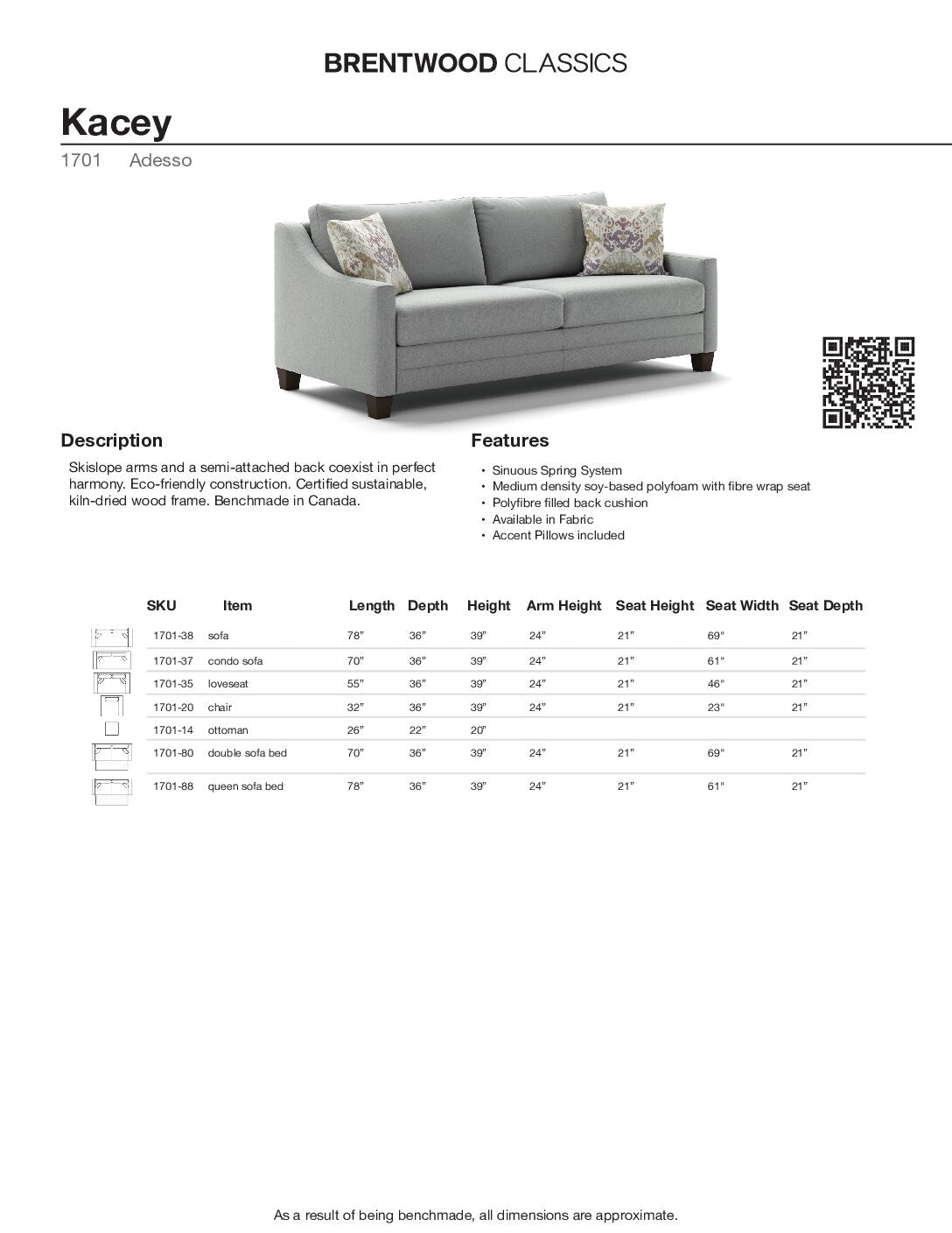 BRENTWOOD Kacey Fabric Sofa 1701-38