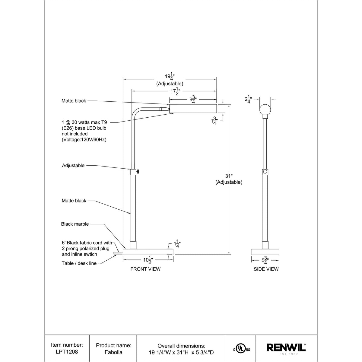 RENWIL FABOLIA LAMP LPT1208