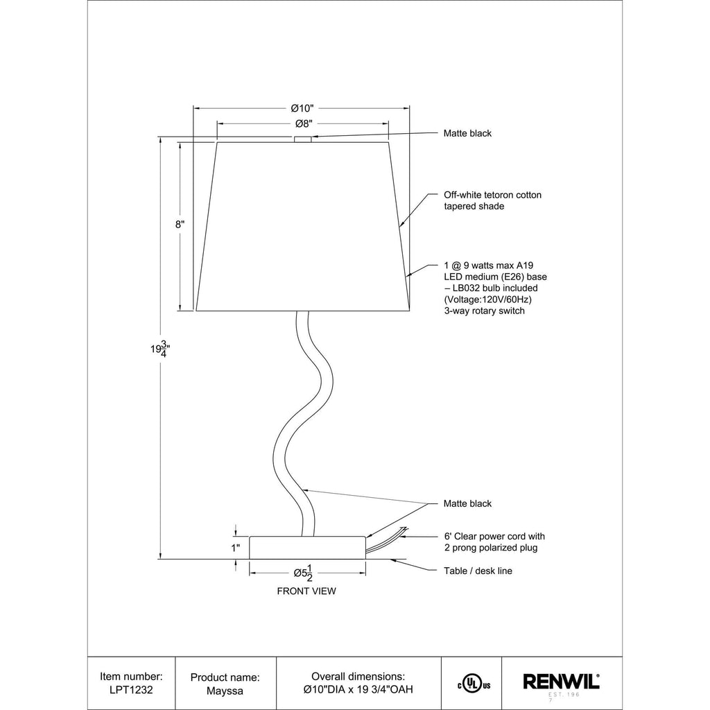 RENWIL MAYSSA LAMP LPT1232
