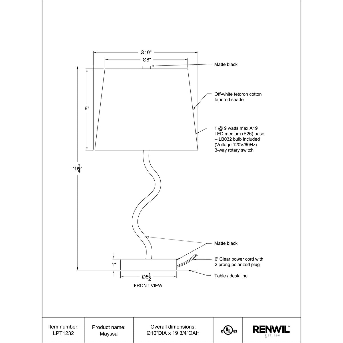 RENWIL MAYSSA LAMP LPT1232