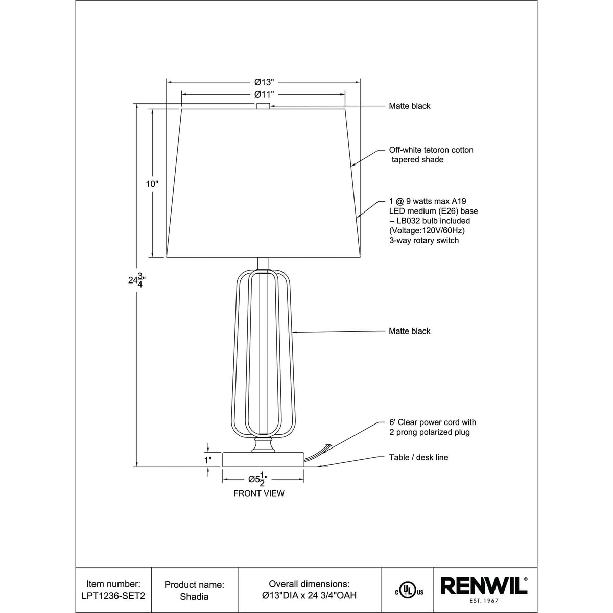 RENWIL SHADIA TABLE LAMPS LPT1236-SET2