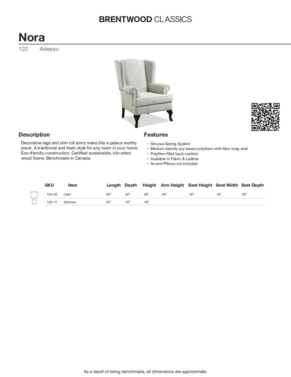 BRENTWOOD Nora Queen Ann Wing Chair 122-20