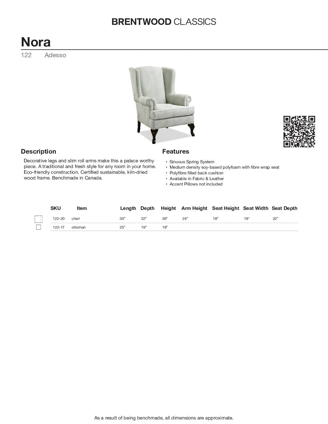 BRENTWOOD Nora Queen Ann Wing Chair 122-20