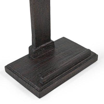 Close-up of a dark stained wooden furniture stand or pedestal base with a vertical post rising from a rectangular platform, shown on a white background.