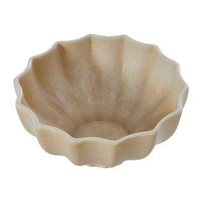 A beige ceramic bowl with a scalloped, fluted rim and a textured speckled glaze, shown against a plain white background.