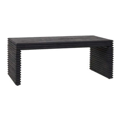 A modern black console table with a textured, ribbed wavy design on its legs, shown against a plain white background.