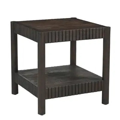 A dark brown wooden end table with a slatted front and bottom shelf, shown on a plain white background.
