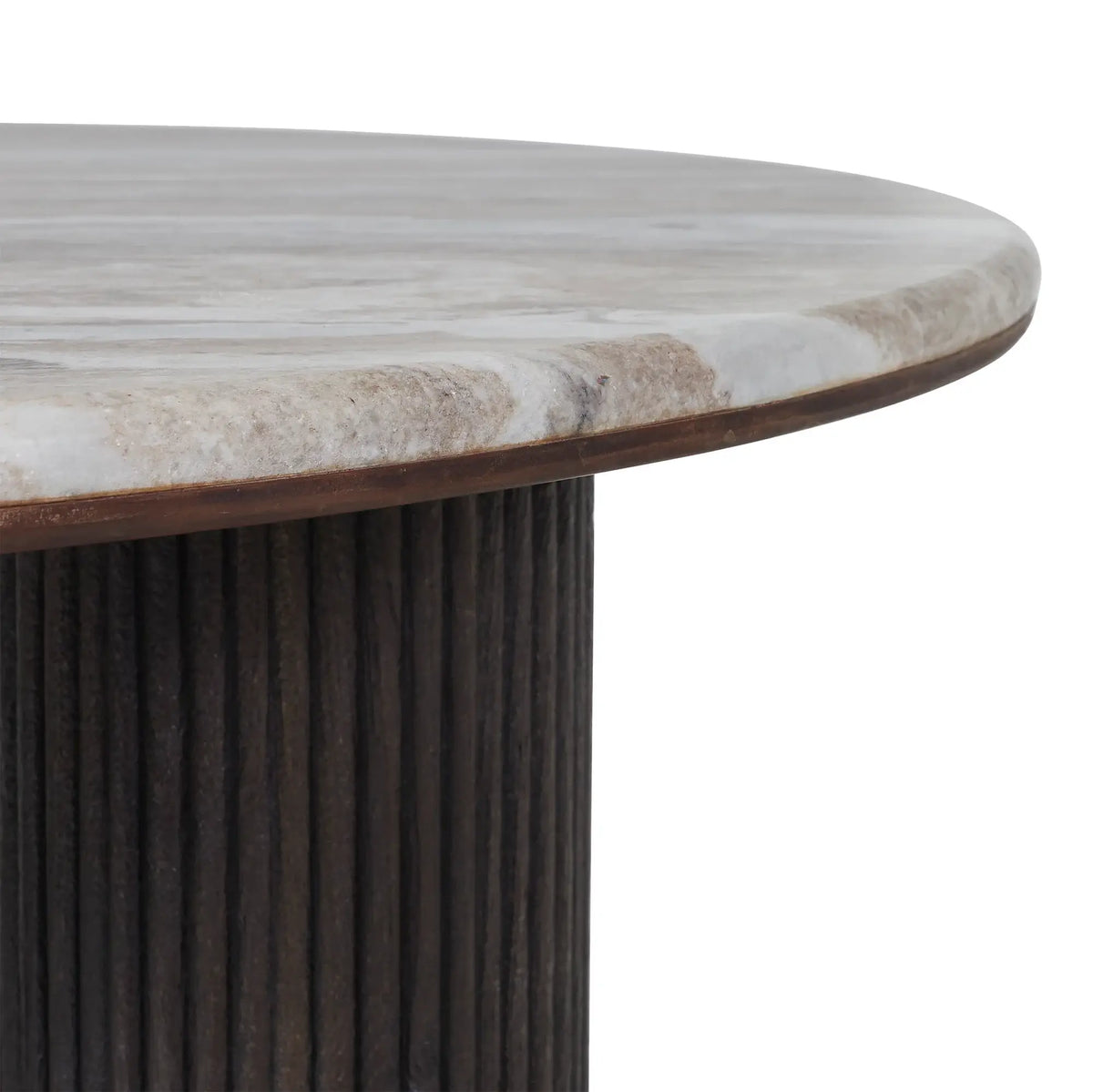 Close-up of a round dining table showing a light gray and white marbled stone top with a dark brown wood edge, supported by a dark brown fluted pedestal base, on a white background.