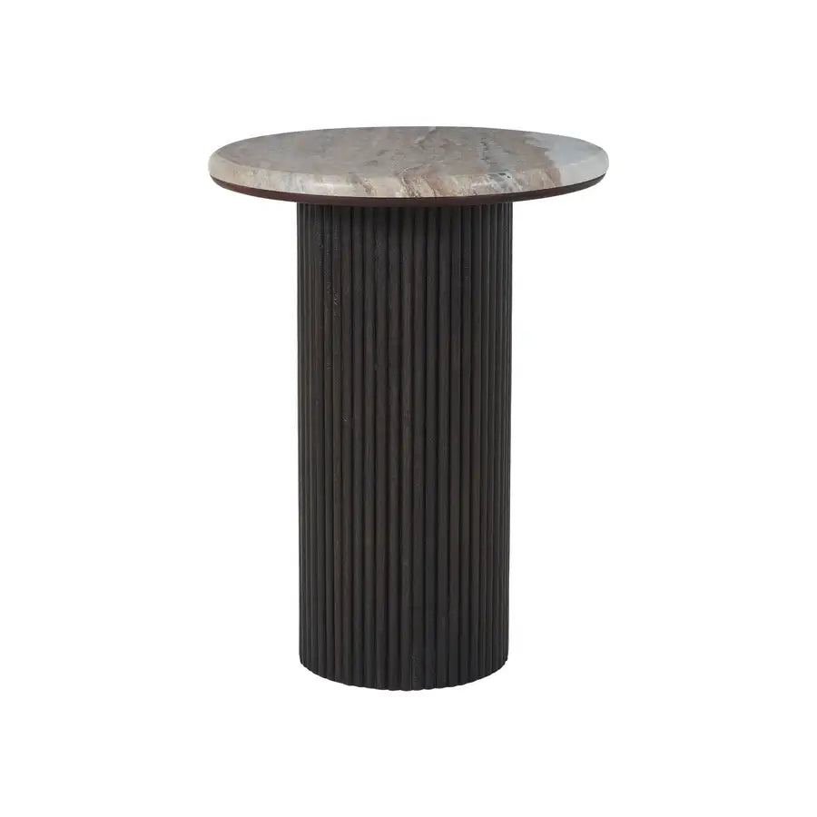 A modern round side table featuring a dark fluted pedestal base and a light brown marble top with subtle gray veining, shown against a plain white background.
