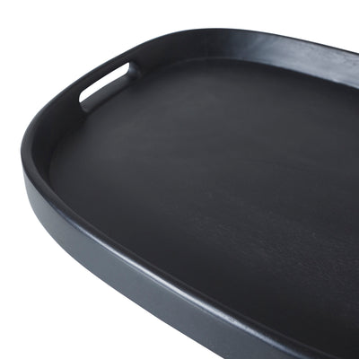 A close-up of a black rectangular tray with rounded corners and a cutout handle on one side, shown against a plain white background.