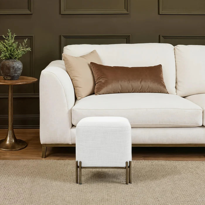 A white upholstered ottoman with slim dark metal legs sits in front of a cream sofa in a styled living room. The sofa is accented with two pillows, one in beige and one in brown velvet, against a dark brown paneled wall.