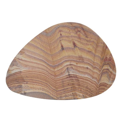 An organic-shaped decorative stone serving board with wavy, layered natural patterns in shades of brown, beige, and tan, isolated on a white background.