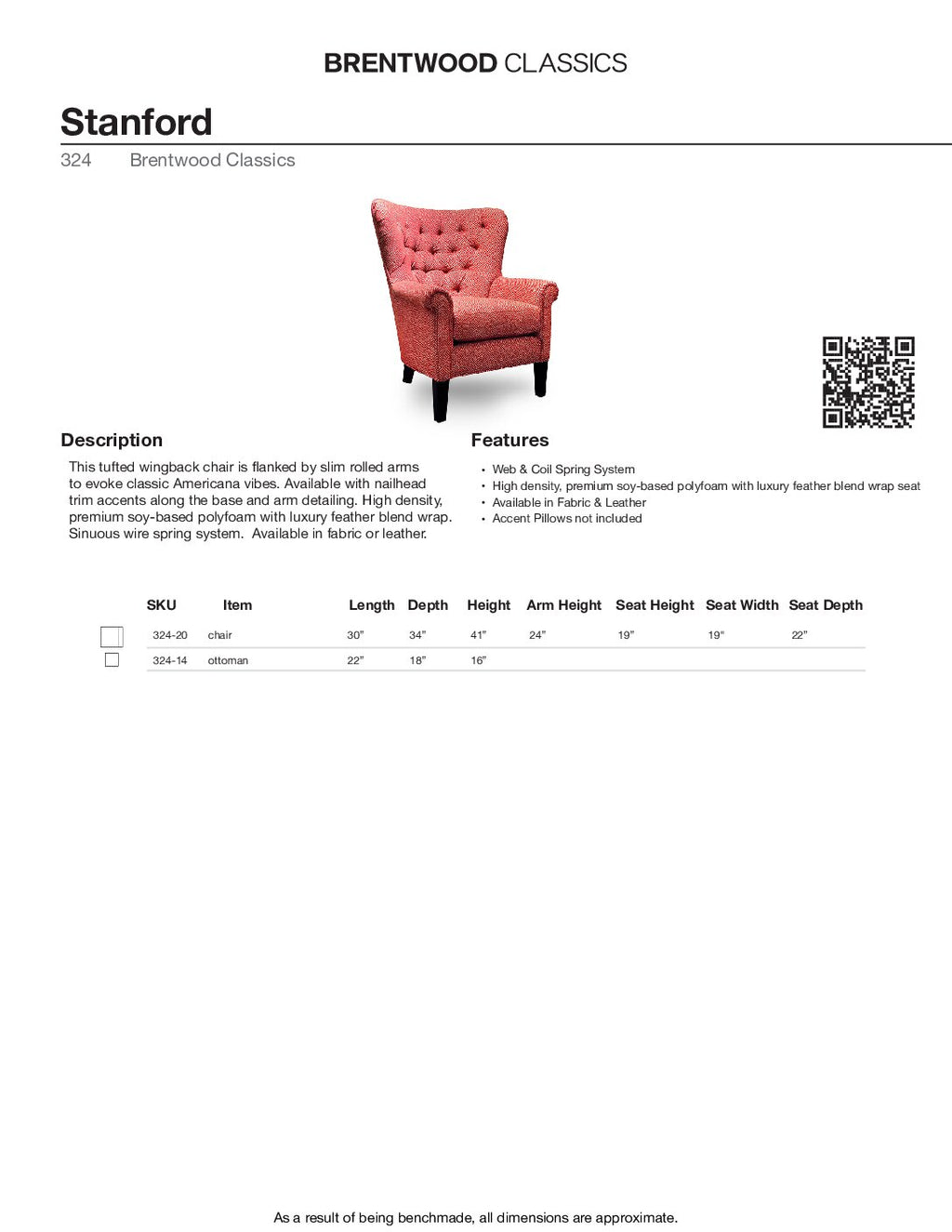 BRENTWOOD CLASSICS STANFORD WINGBACK CHAIR 324-20