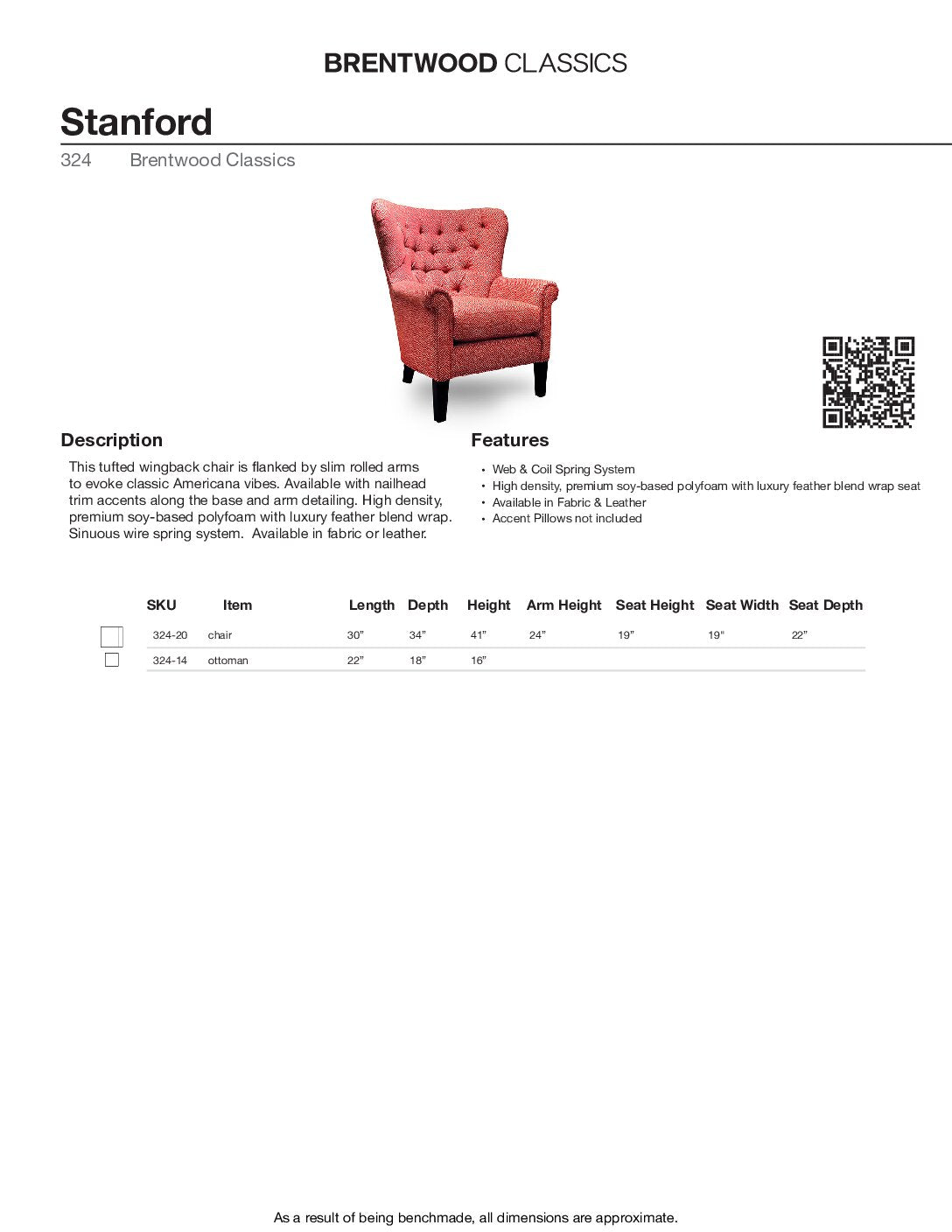BRENTWOOD CLASSICS STANFORD WINGBACK CHAIR 324-20