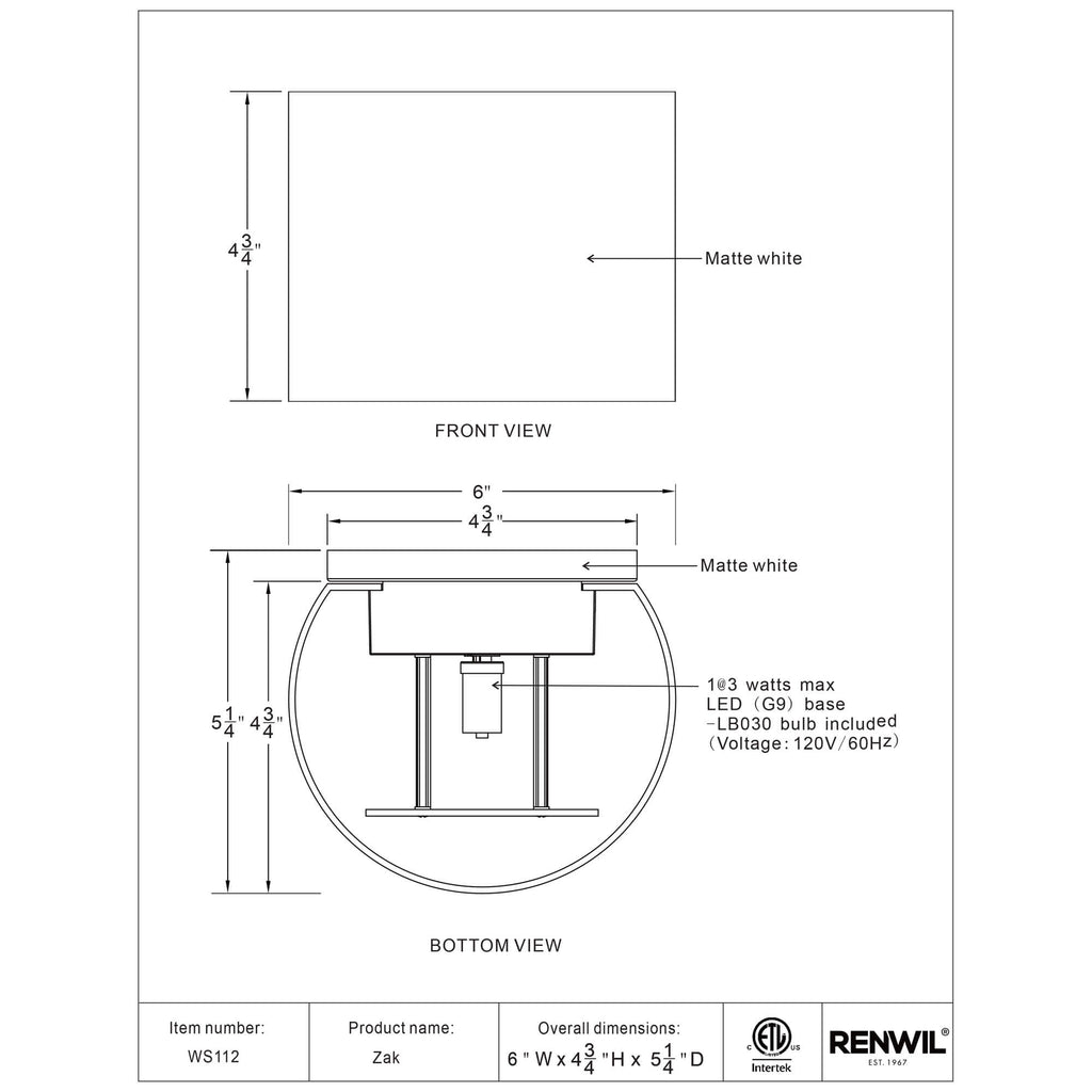 RENWIL ZAK SCONCE WS112