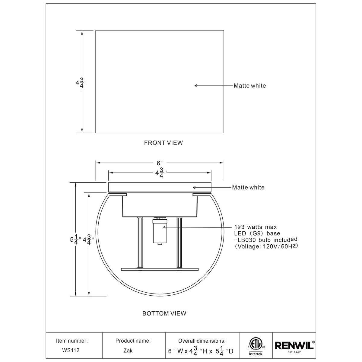 RENWIL ZAK SCONCE WS112