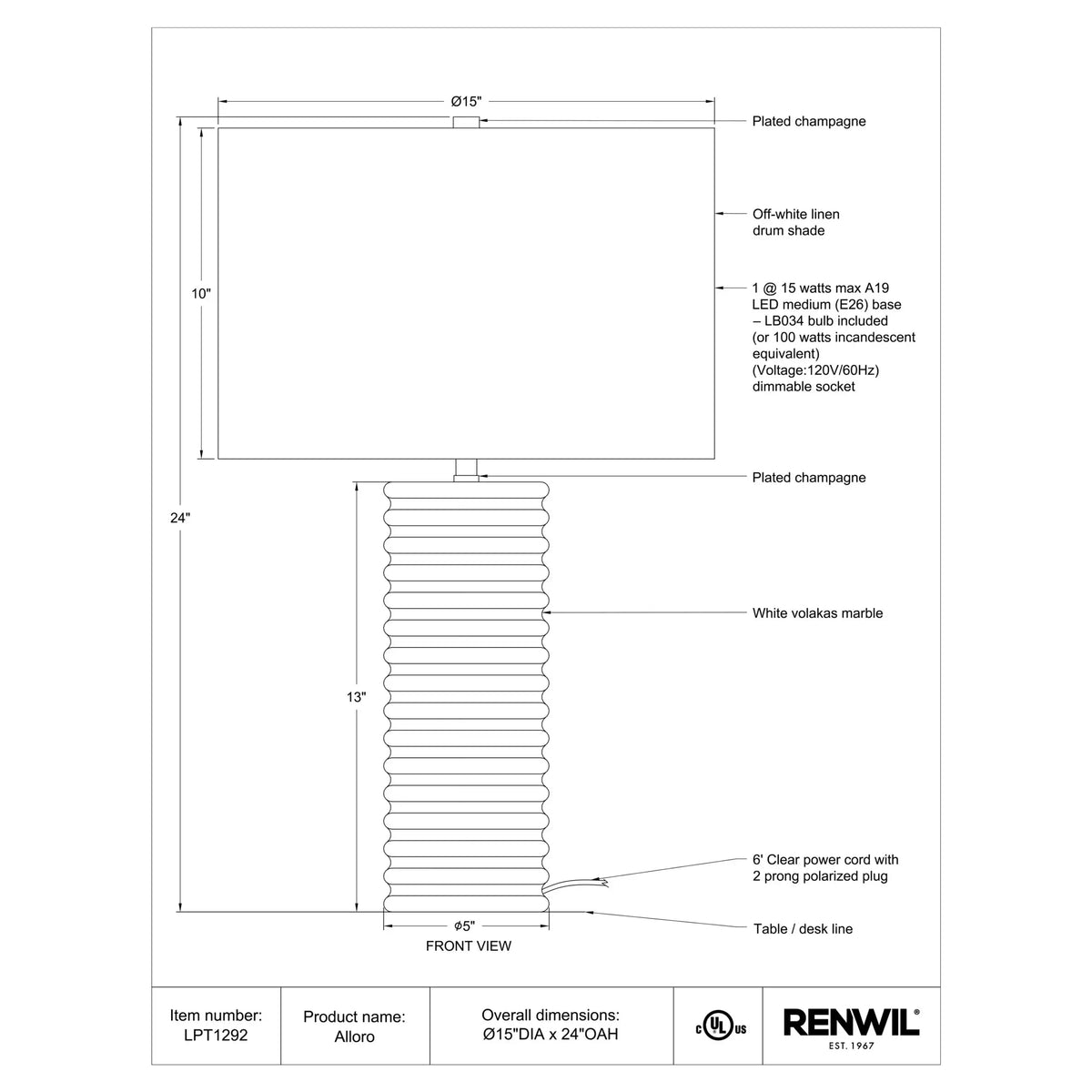 RENWIL ALLORO TABLE LAMP LPT1292