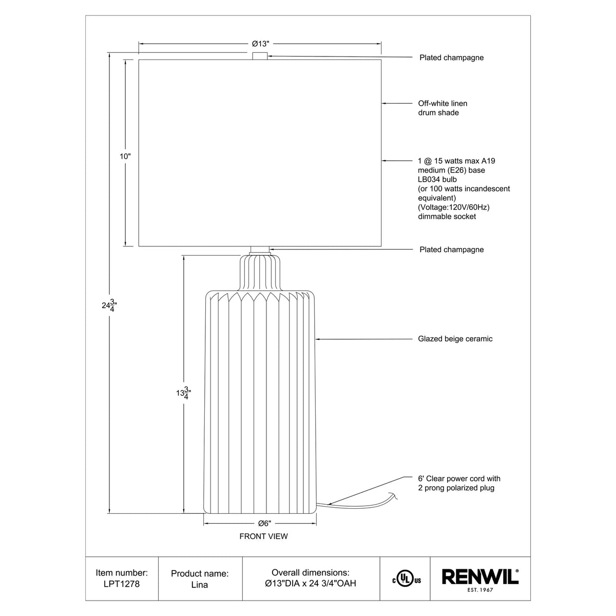 RENWIL LINA TABLE LAMP LPT1278