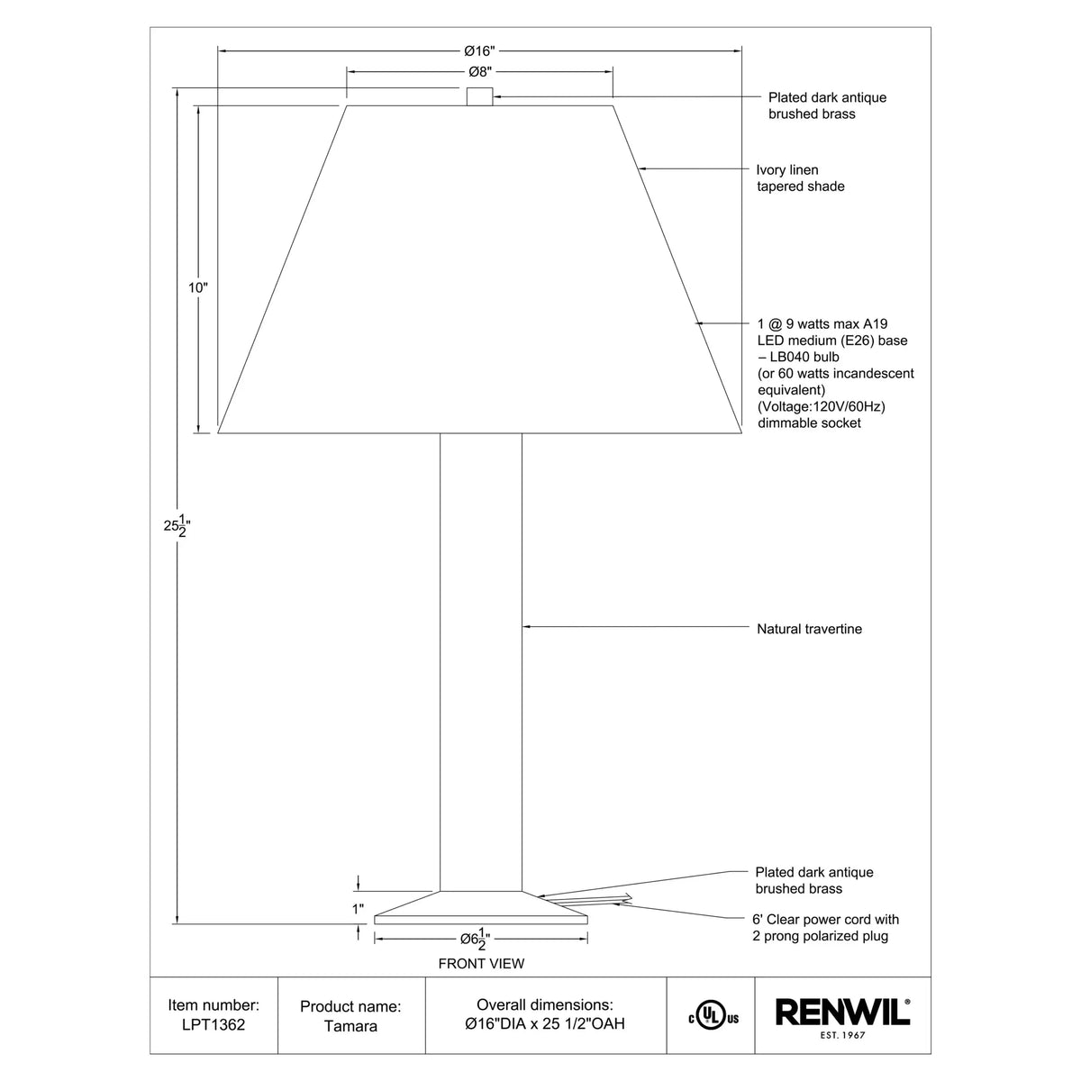 RENWIL TAMARA TABLE LAMP LPT1362