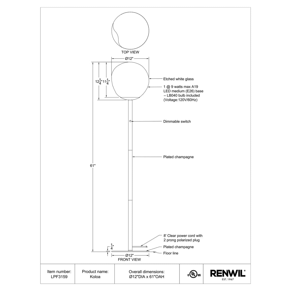 RENWIL KOLOA FLOOR LAMP LPF3159