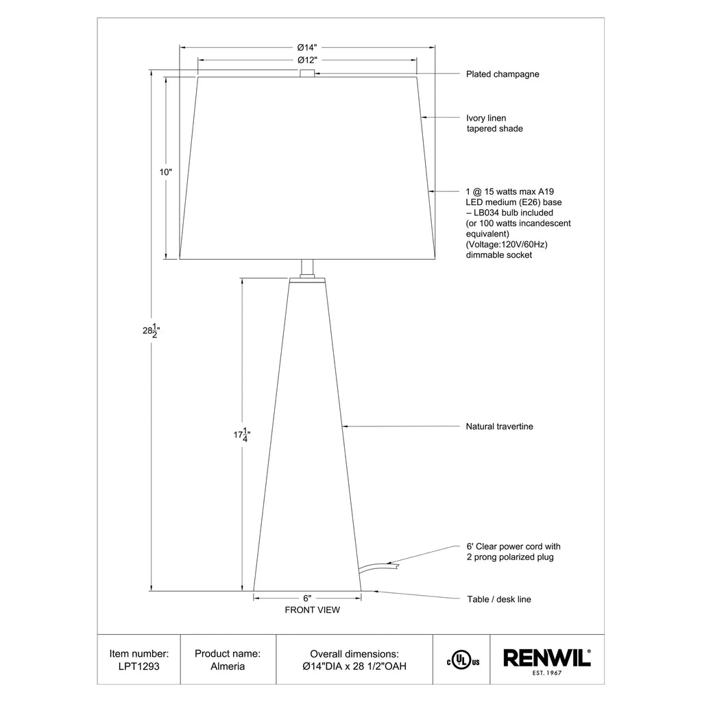 RENWIL ALMERIA TABLE LAMP LPT1293
